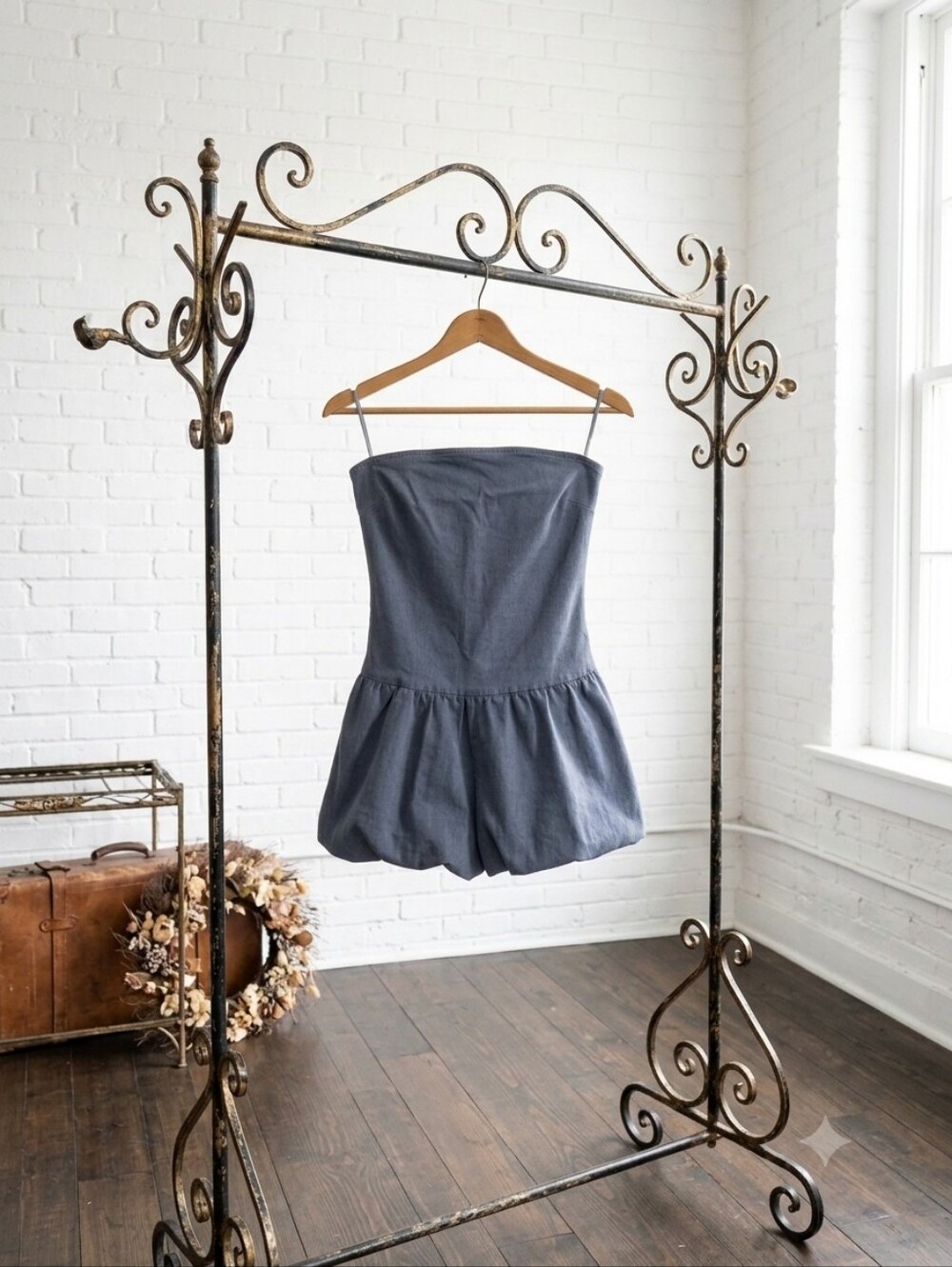Strapless Denim-Effect Romper in Dusty Blue